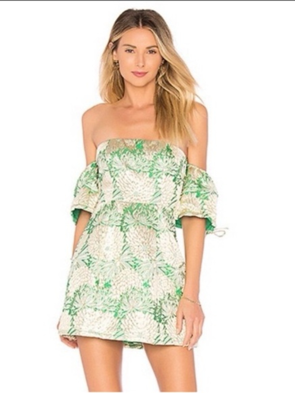 Lovers + Friends Green & Cream Off-Shoulder Floral Mini Dress